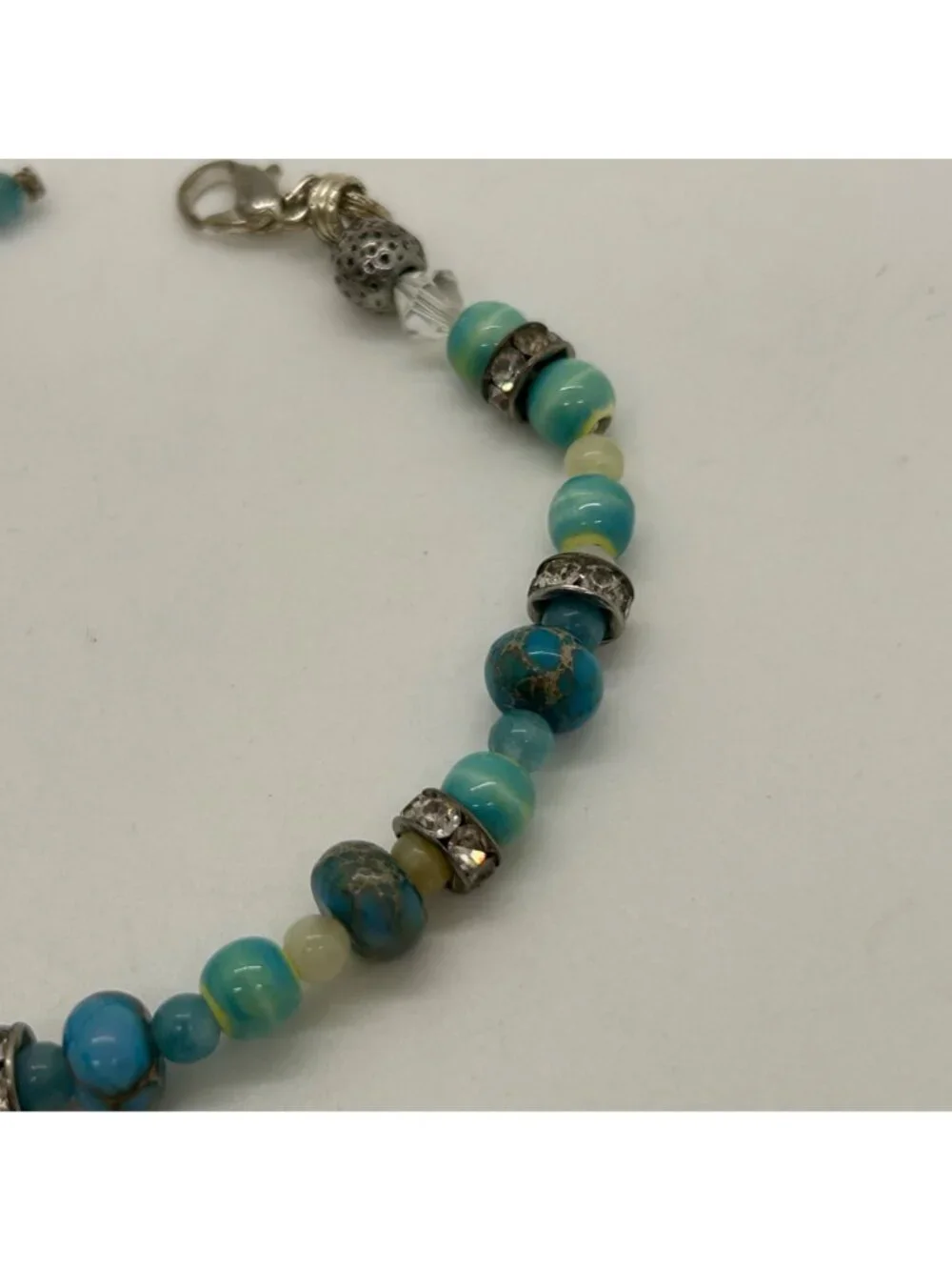 Vintage Turquoise Teal Beaded Bracelet Silver-Tone Rondells Gemstone & Ceramic